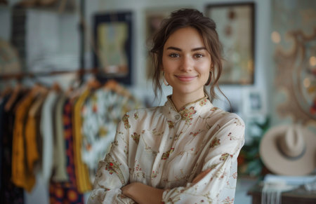 fashion stylish designer smiling confidently in her studio, arms crossed, showcasing her designsの素材