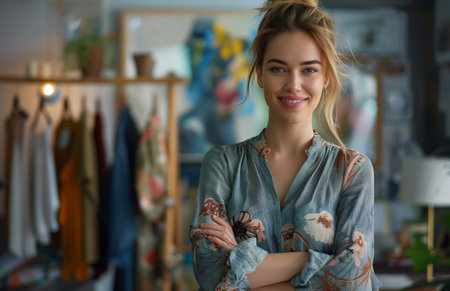 fashion stylish designer smiling confidently in her studio, arms crossed, showcasing her designsの素材