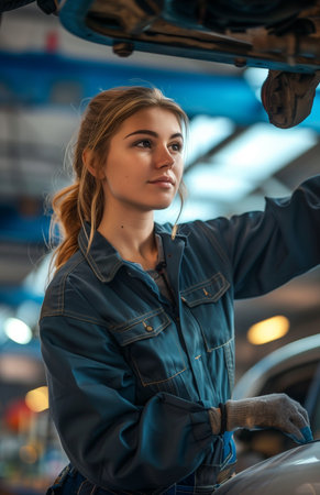 Mechanic repairing a vehicle in a workshop while positioned under a hydraulic liftの素材