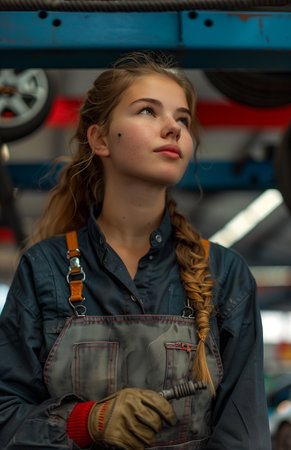 Mechanic repairing a vehicle in a workshop while positioned under a hydraulic liftの素材