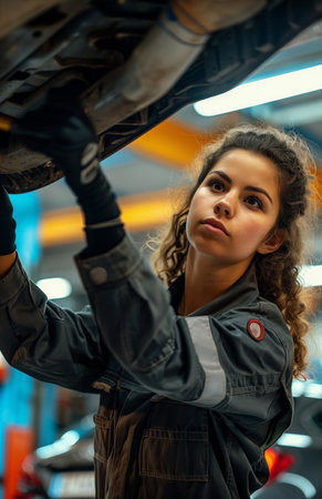 Mechanic repairing a vehicle in a workshop while positioned under a hydraulic liftの素材