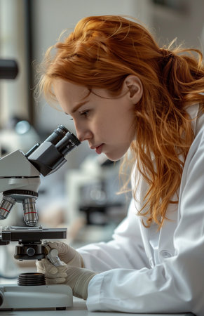 Female scientist conducting research in a laboratory while examining samples under a high-powered microscopeの素材