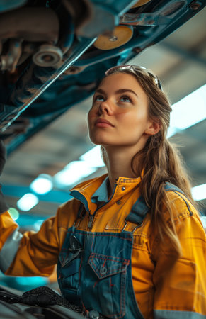 Mechanic repairing a vehicle in a workshop while positioned under a hydraulic liftの素材