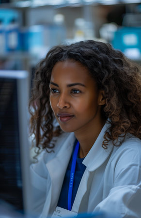 female scientist in a white coat works at a computer in a lab, wearing a blue lanyard.の素材