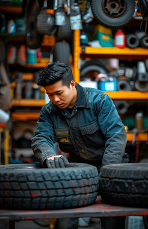 An Asian mechanic swiftly replaces a car tire in a bustling garageの素材