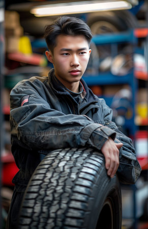 An Asian mechanic swiftly replaces a car tire in a bustling garageの素材