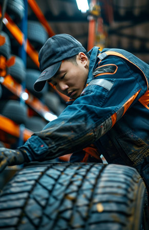 An Asian mechanic swiftly replaces a car tire in a bustling garageの素材