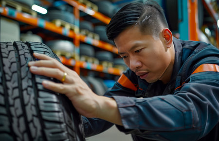 An Asian mechanic swiftly replaces a car tire in a bustling garageの素材