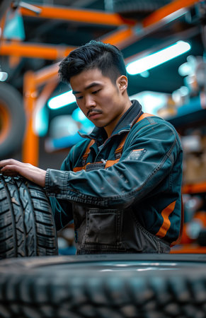 An Asian mechanic swiftly replaces a car tire in a bustling garageの素材