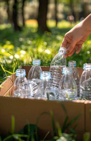 A woman recycles a plastic bottle into a cardboard box in a forested parkの素材