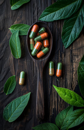 Wooden spoon holding green and orange supplement pills resting on a wooden table backgroundの素材