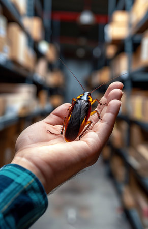 A hand gripping a beetle inside a dimly lit warehouseの素材