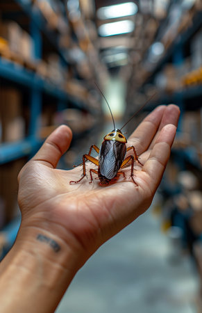 A hand gripping a beetle inside a dimly lit warehouseの素材