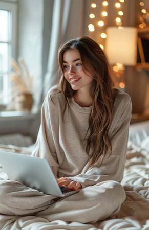 A joyful woman sits on her bed, using a laptop with contentment and relaxationの素材