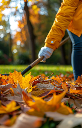 A woman in a yellow jacket and white gloves rakes autumn leaves on a green lawnの素材