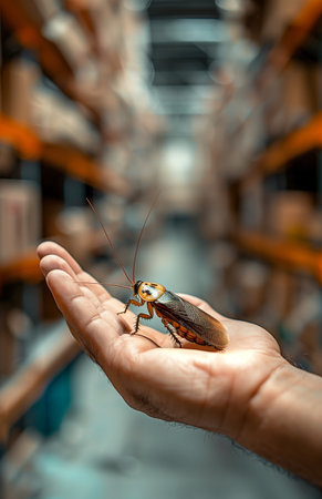 A hand gripping a beetle inside a dimly lit warehouseの素材