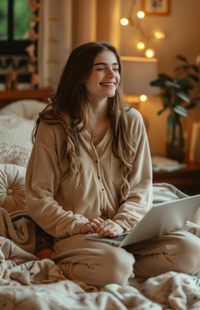 A joyful woman sits on her bed, using a laptop with contentment and relaxationの素材