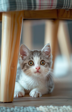 A playful kitten hides under the table, chasing its tail and pouncing on shadowsの素材