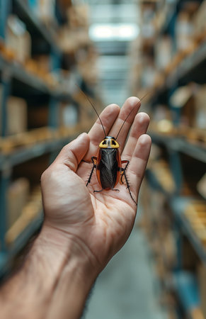 A hand gripping a beetle inside a dimly lit warehouseの素材