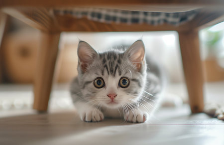 A playful kitten hides under the table, chasing its tail and pouncing on shadowsの素材