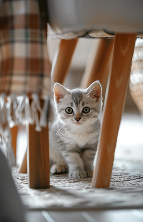 A playful kitten hides under the table, chasing its tail and pouncing on shadowsの素材