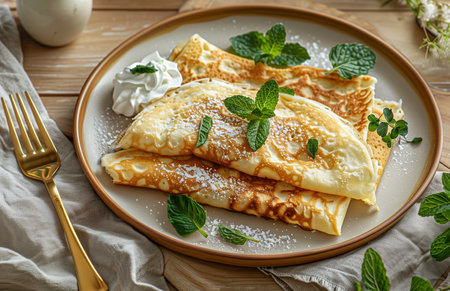 Two crepes topped with white cream arranged elegantly on a plateの素材