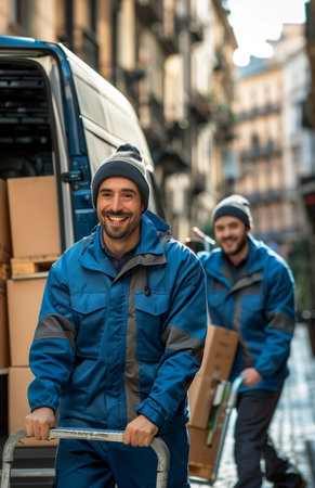 Two delivery workers unloading boxes from an electric van using a hand truckの素材