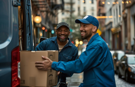 Two delivery workers unloading boxes from an electric van using a hand truckの素材