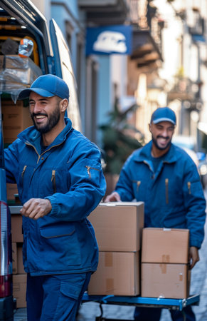 Two delivery workers unloading boxes from an electric van using a hand truckの素材