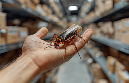 A hand gripping a beetle inside a dimly lit warehouseの素材