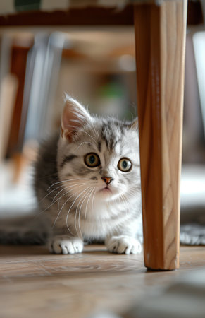 A playful kitten hides under the table, chasing its tail and pouncing on shadowsの素材