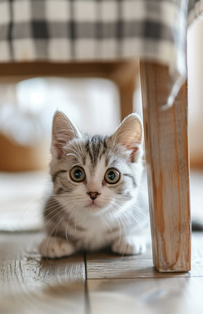 A playful kitten hides under the table, chasing its tail and pouncing on shadowsの素材