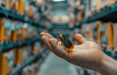 A hand gripping a beetle inside a dimly lit warehouseの素材