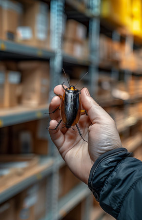A hand gripping a beetle inside a dimly lit warehouseの素材