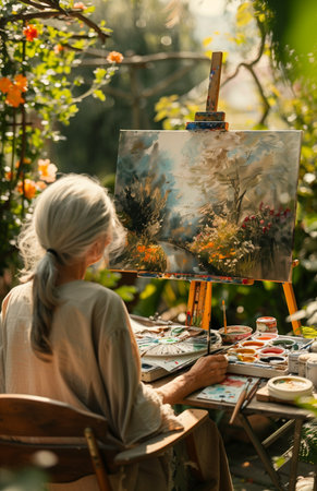 A graceful elderly woman paints on an easel in the garden, seated at a wooden tableの素材
