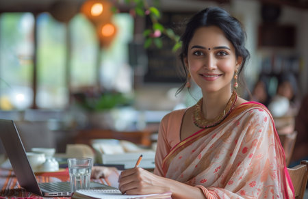 An Indian woman in a saree writing on a notepad at a table with a laptop and waterの素材