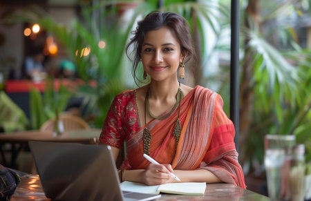 An Indian woman in a saree writing on a notepad at a table with a laptop and waterの素材