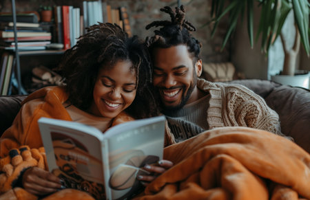 A joyful couple relaxes on the sofa at home, reading a book and laughing togetherの素材