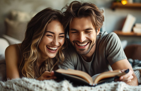A joyful couple relaxes on the sofa at home, reading a book and laughing togetherの素材