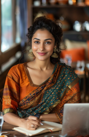 An Indian woman in a saree writing on a notepad at a table with a laptop and waterの素材