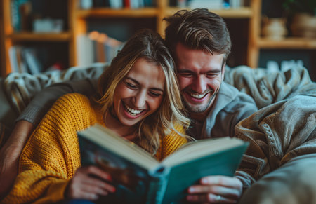 A joyful couple relaxes on the sofa at home, reading a book and laughing togetherの素材