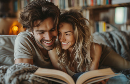 A joyful couple relaxes on the sofa at home, reading a book and laughing togetherの素材