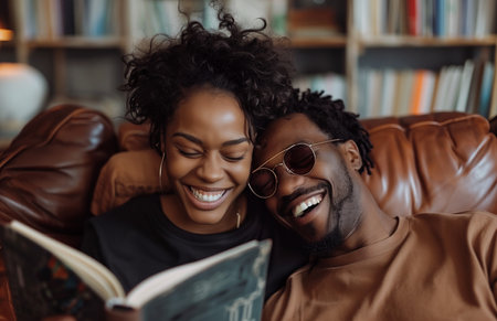 A joyful couple relaxes on the sofa at home, reading a book and laughing togetherの素材