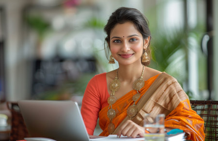 An Indian woman in a saree writing on a notepad at a table with a laptop and waterの素材