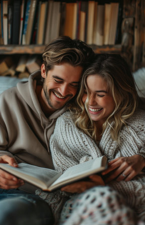 A joyful couple relaxes on the sofa at home, reading a book and laughing togetherの素材
