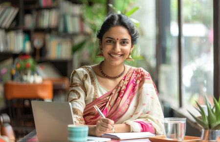 An Indian woman in a saree writing on a notepad at a table with a laptop and waterの素材