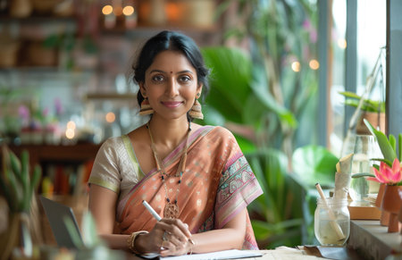 An Indian woman in a saree writing on a notepad at a table with a laptop and waterの素材