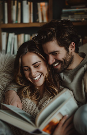 A joyful couple relaxes on the sofa at home, reading a book and laughing togetherの素材