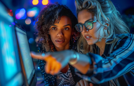 Two diverse businesswomen collaborating late at night in an office, working on an important project togetherの素材