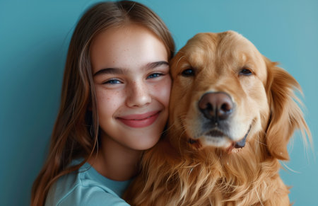 A happy young woman embraces a golden retriever dog with affection and joyの素材